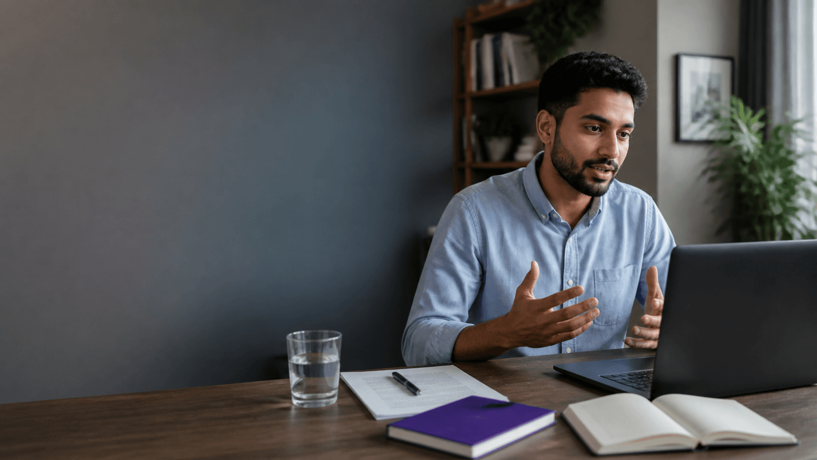 A candidate practicing answers for a video interview at home